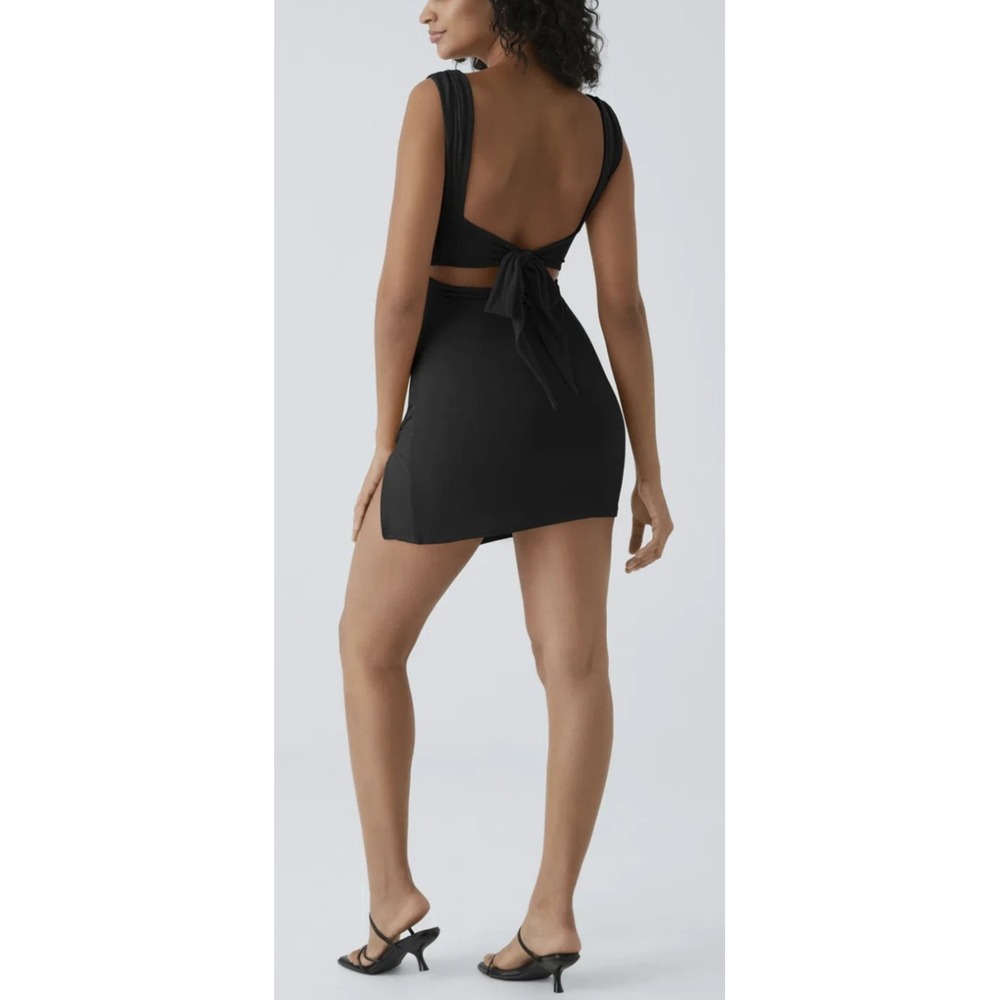 NWT Halara Ruched Tie Back Hem Bodycon Mini Casual Dress Black Small Stretch - Picture 9 of 14